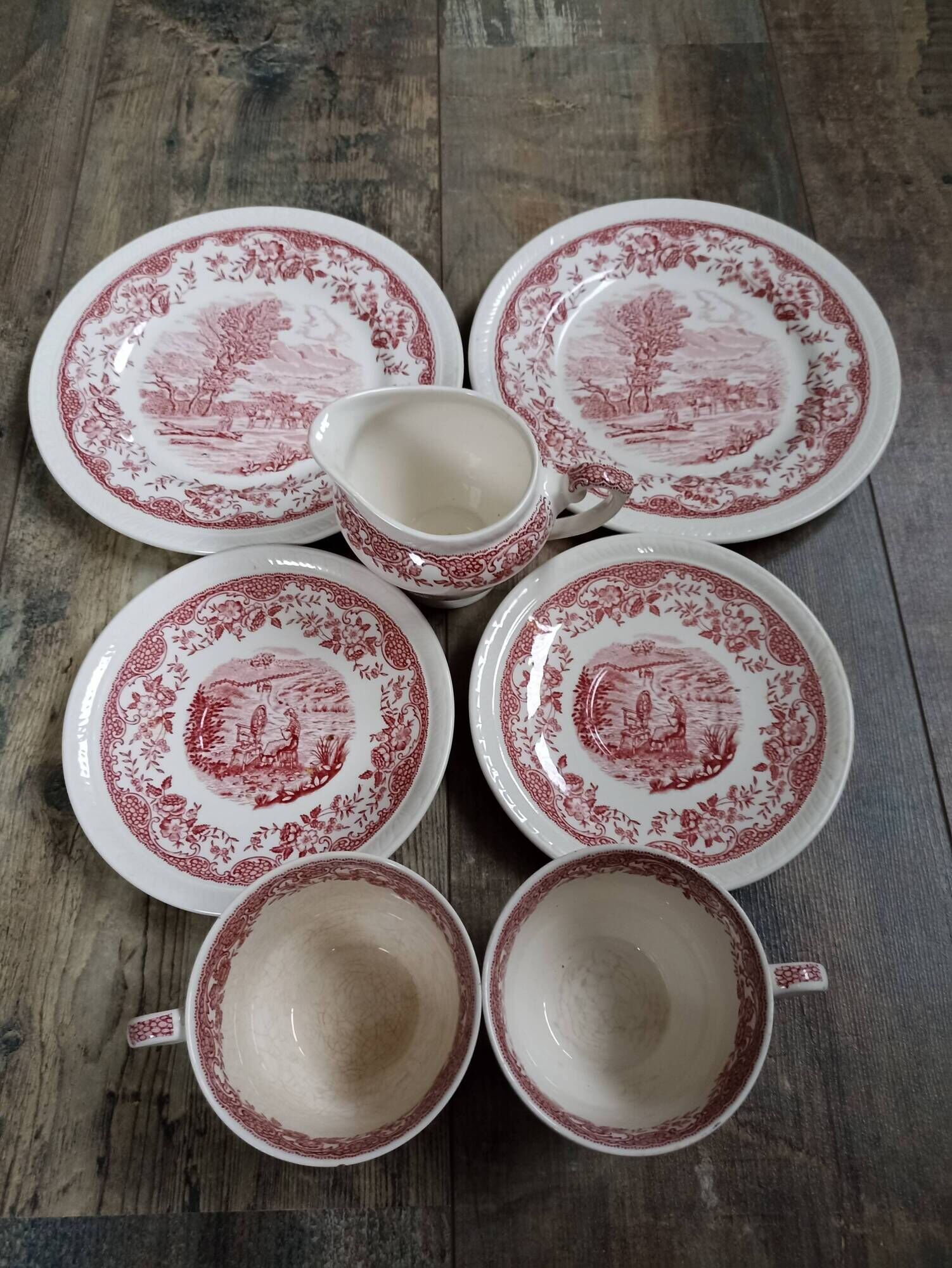Staffordshire cups, saucers, plates and milk jar