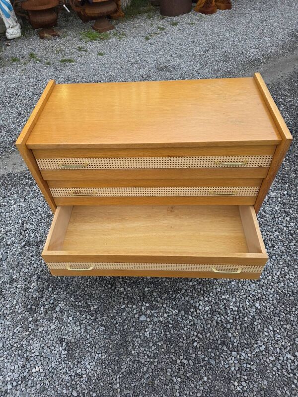 Commode vintage en chêne et cannage des années 60