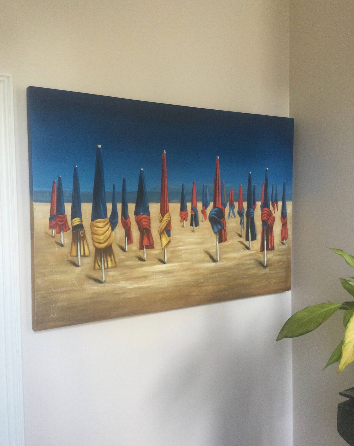 Oil on canvas depicting the parasols of Deauville