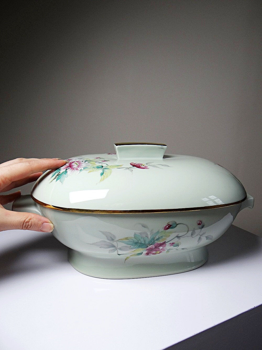 Art Deco style soup tureen with floral decoration, vintage celadon porcelain from Limoges, France.
