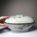 Art Deco style soup tureen with floral decoration, vintage celadon porcelain from Limoges, France.