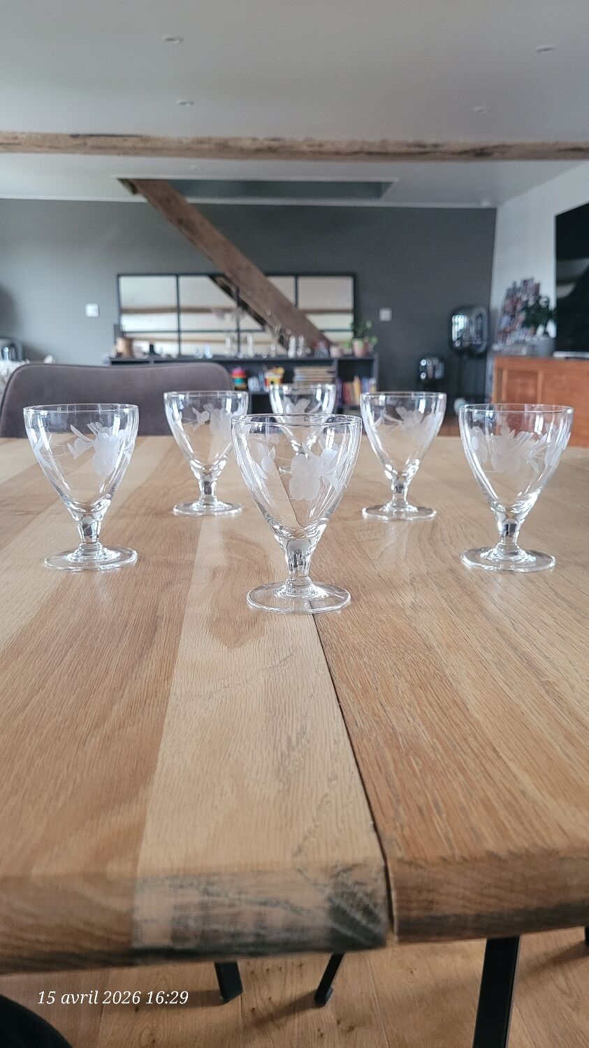 6 small vintage engraved glass stemware