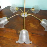 Gilded metal chandelier, 5 branches, opaque glass cupola - 60s/70s