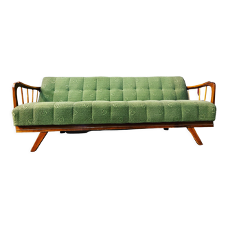 Sofa bed convertible into solid beech with green fabric, circa 1970