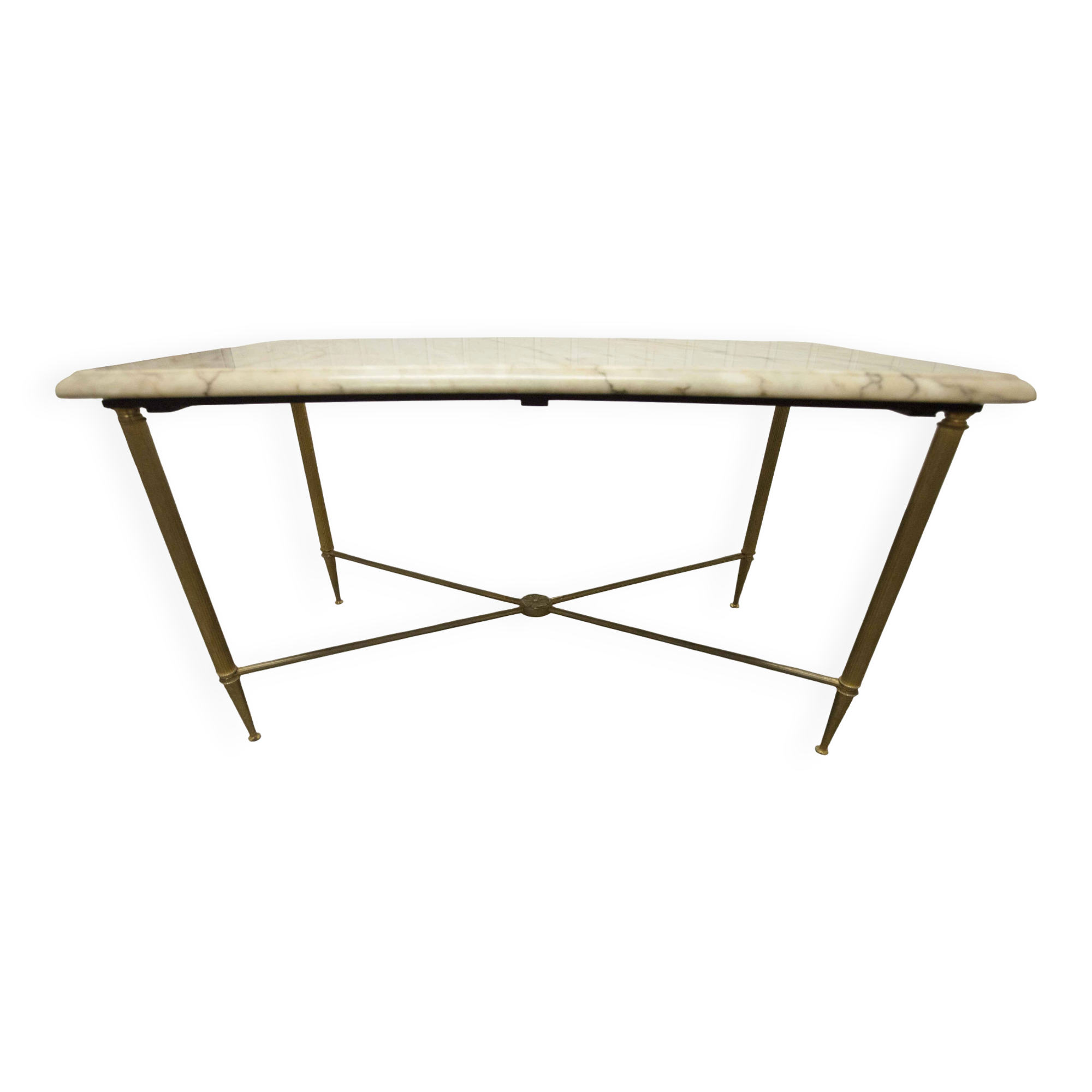 Marble coffee table with brass legs, height 46 cm.
