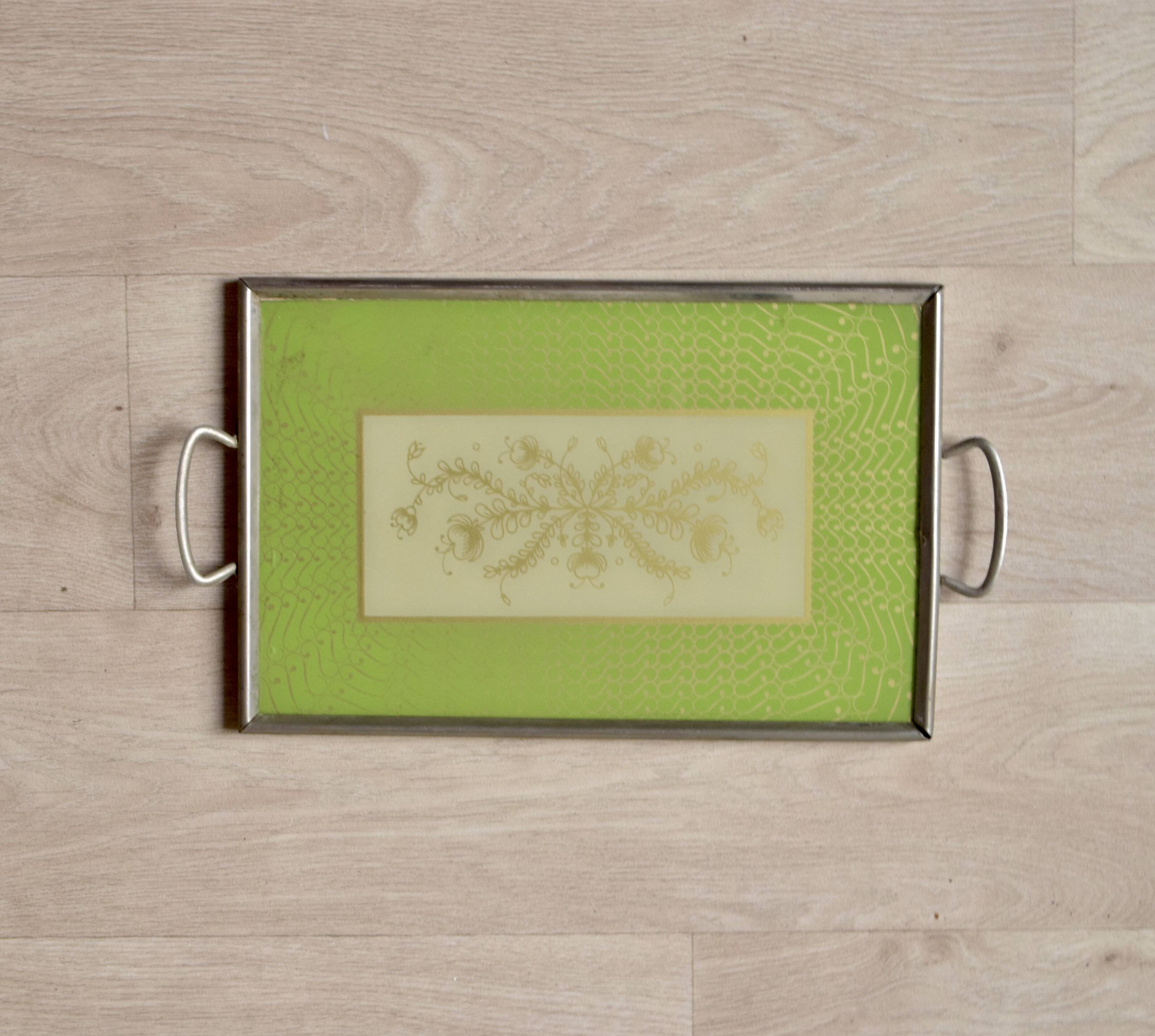 Old glass and metal serving tray - hand-painted floral decoration