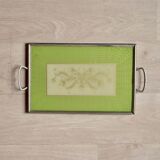 Old glass and metal serving tray - hand-painted floral decoration