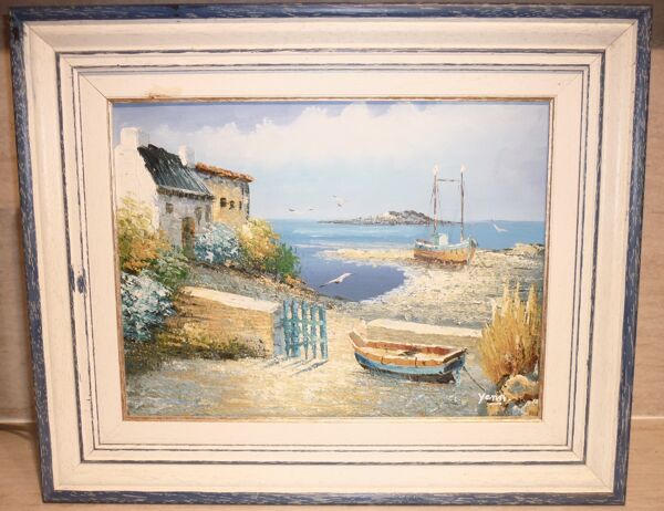 Huile sur toile d’un bateau sur l’estran signée Yann 55X45