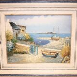 Huile sur toile d’un bateau sur l’estran signée Yann 55X45