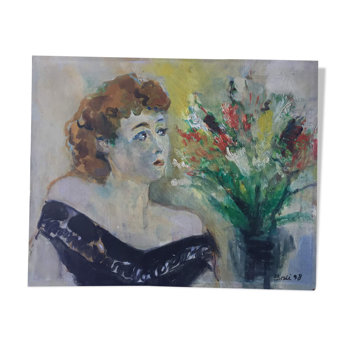 Huile sur bois portrait jeune femme 1948