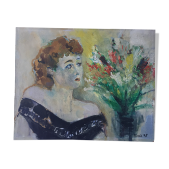 Huile sur bois portrait jeune femme 1948