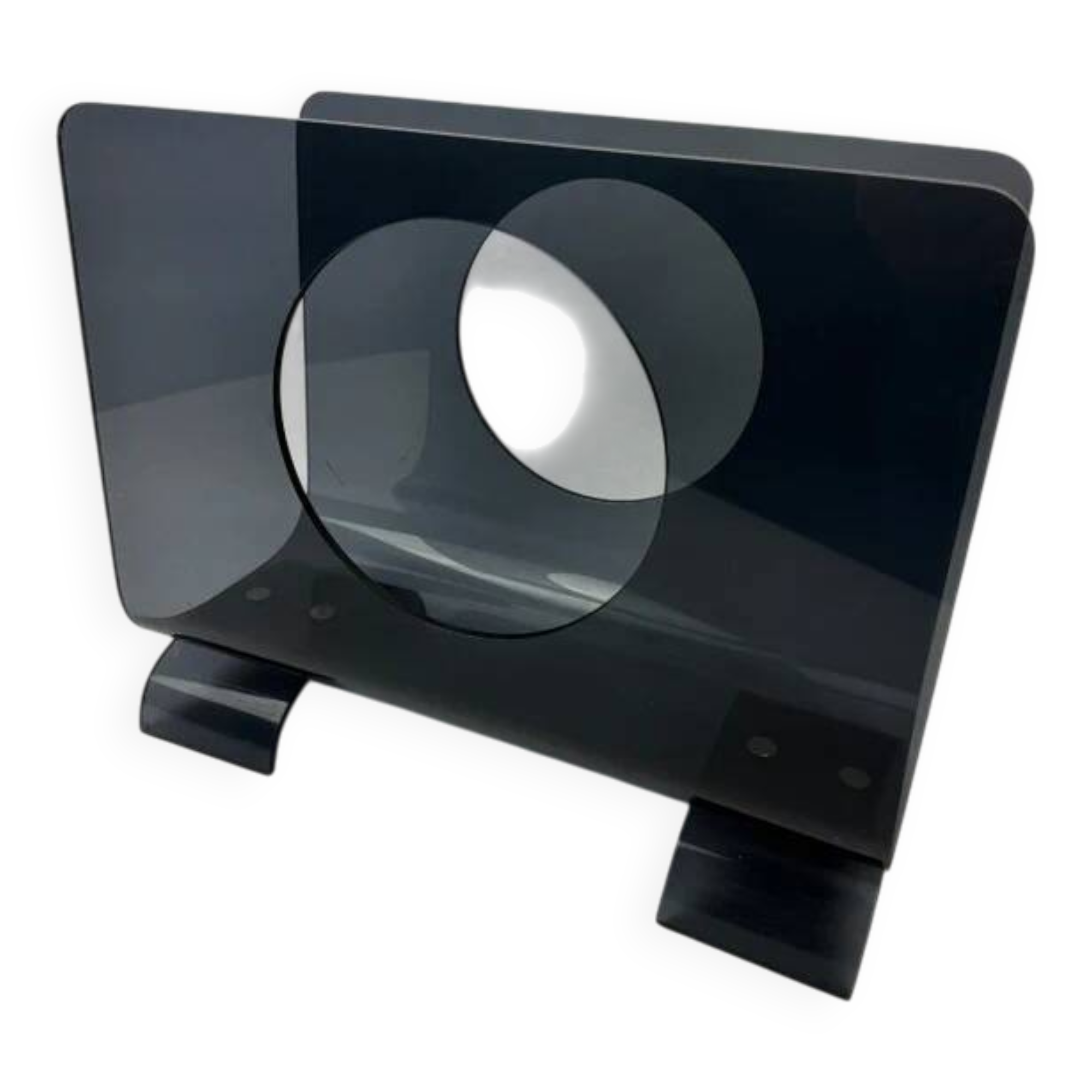 Vintage 1970s smoked plexiglass magazine rack, minimalist design.