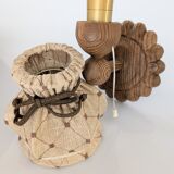 Pair of carved pine wall lights with jute shades, Swedish design, 1970s