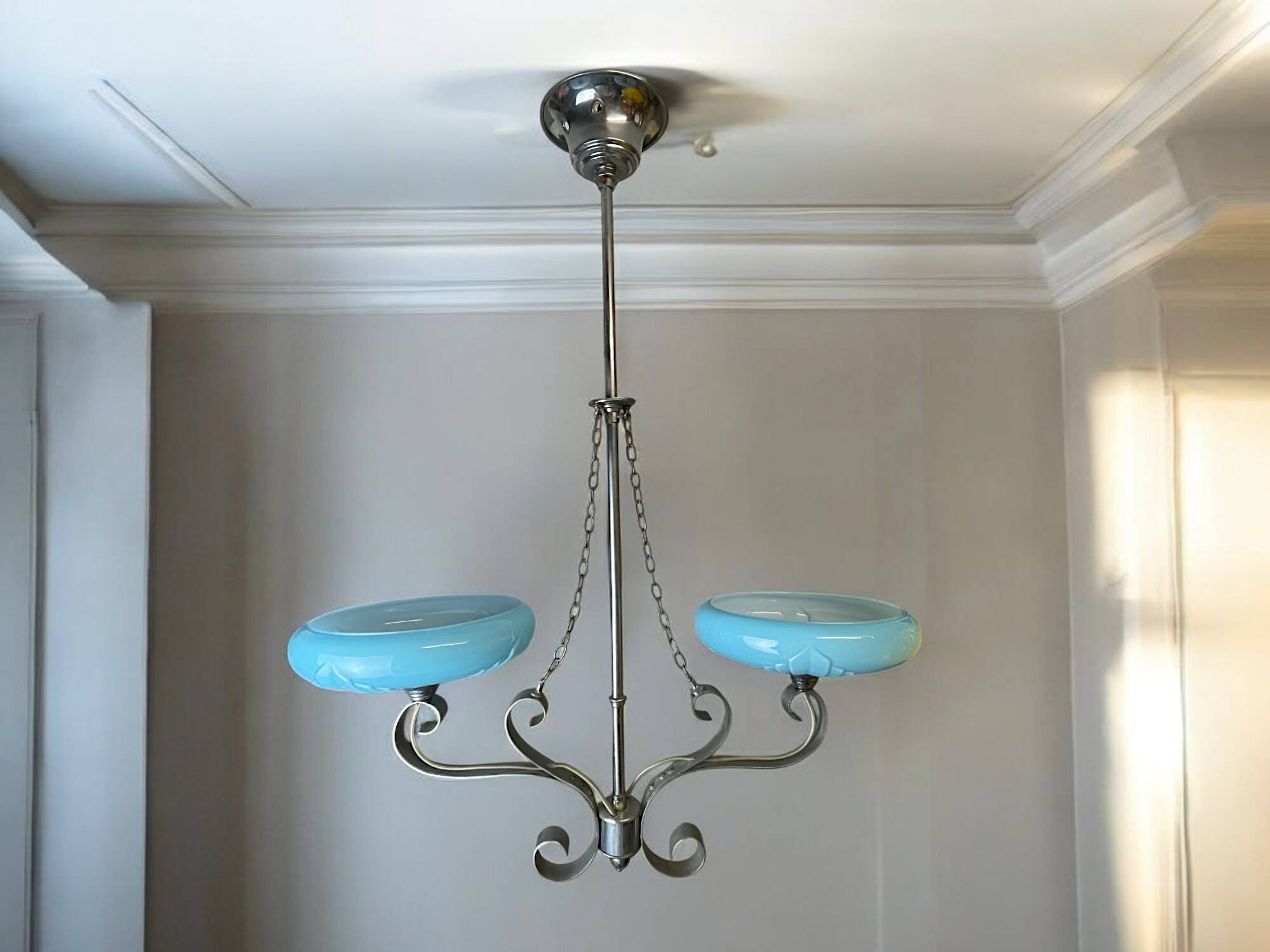 Art Deco chandelier with blue opaline glass