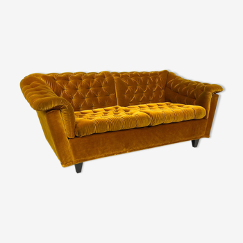 Vintage yellow buttoned velvet two seater sofa