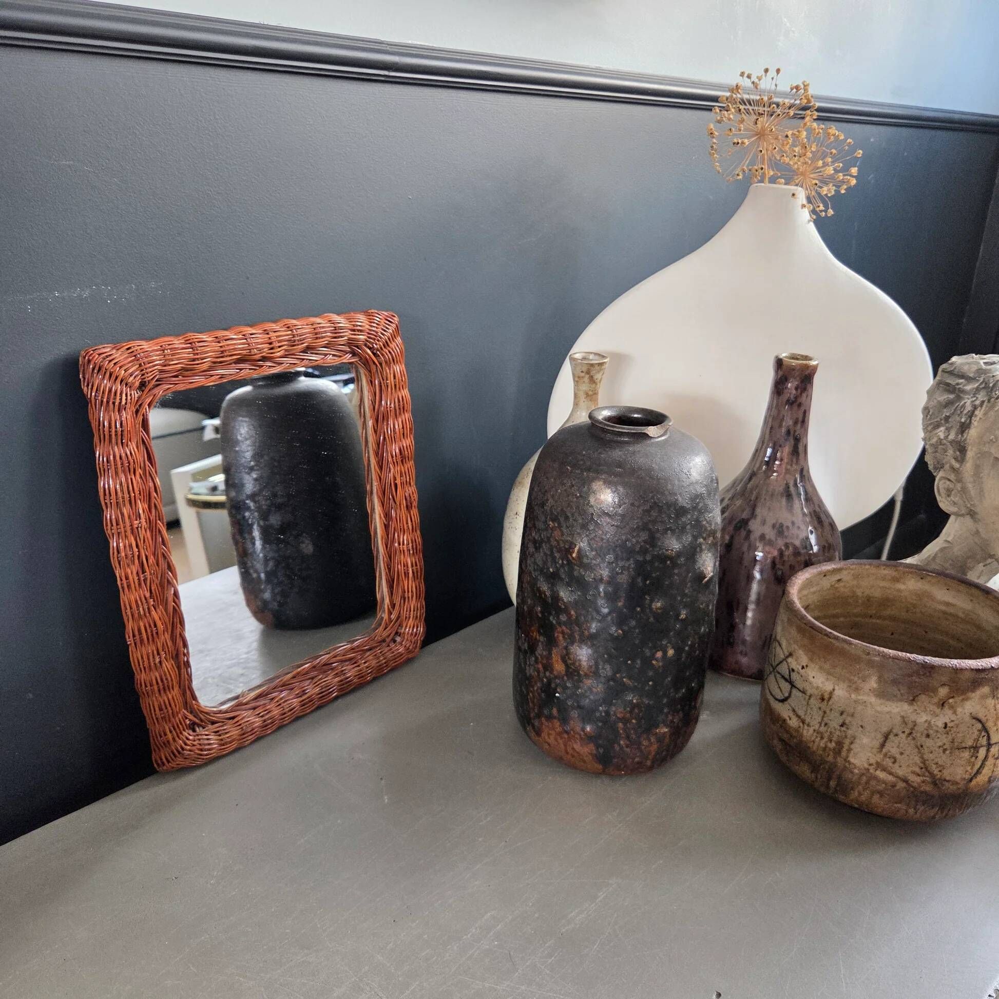 Vintage woven rattan mirror