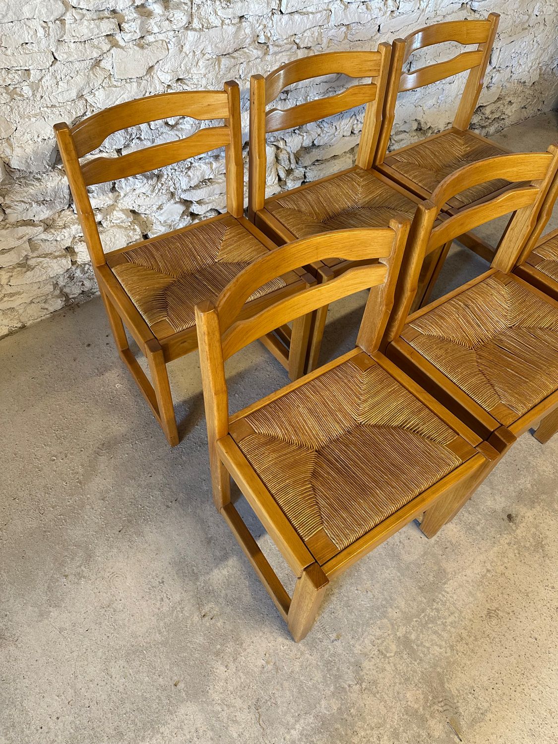 6 Regain House chairs - Elm and straw - 1980 - Vintage - Brutalist