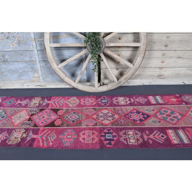 Vintage Turkish Oushak handmade wool cotton pink runner rug 79x342