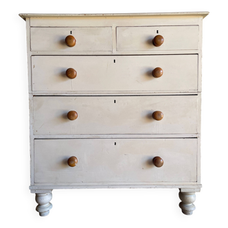 Commode victorienne antique en pin peint du XIXe siècle avec pied tourné
