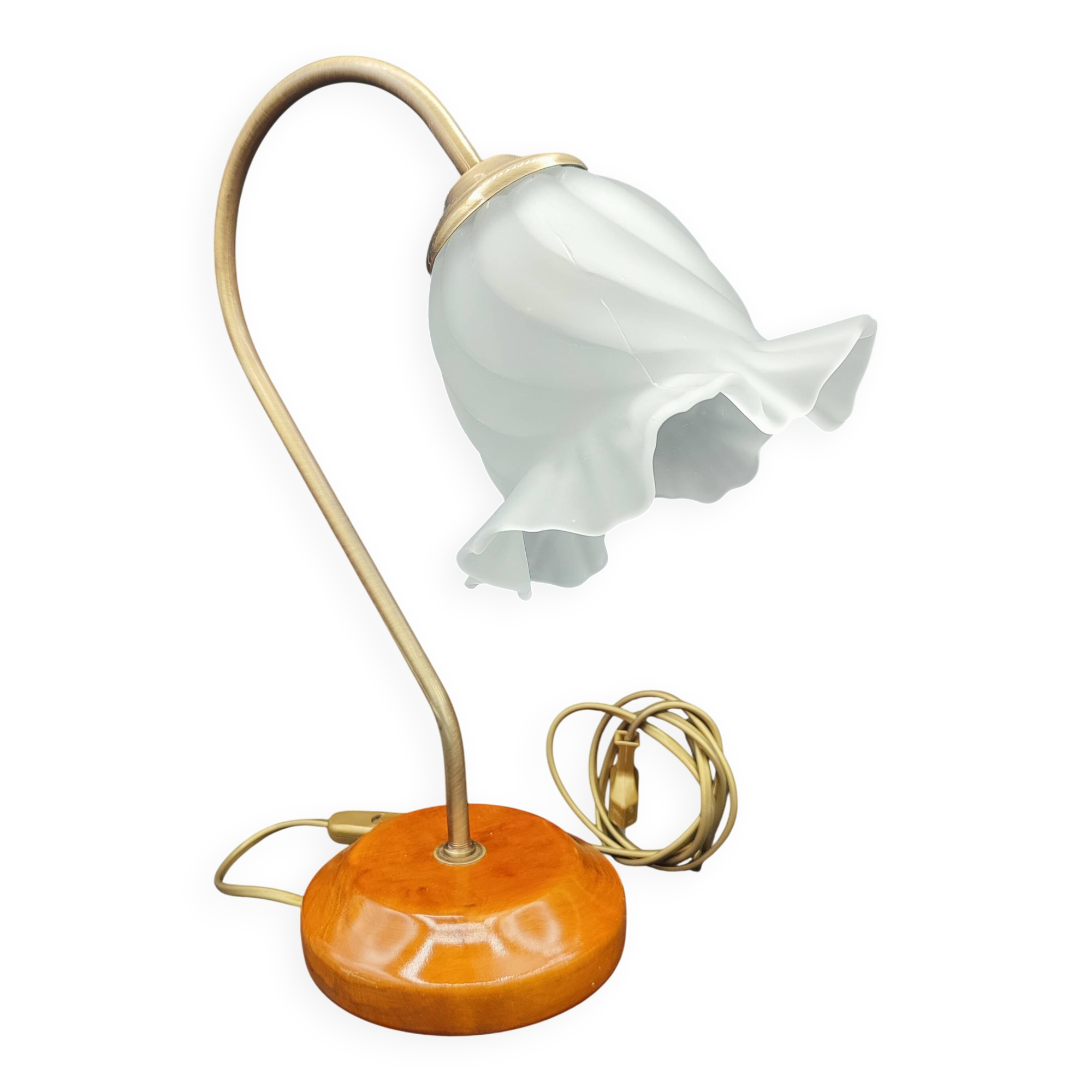 Brass and glass swan neck desk lamp in Art Nouveau style.