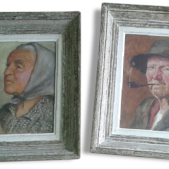 Paire de portrait huile sur panneau charles vasnier 1873 - 1961