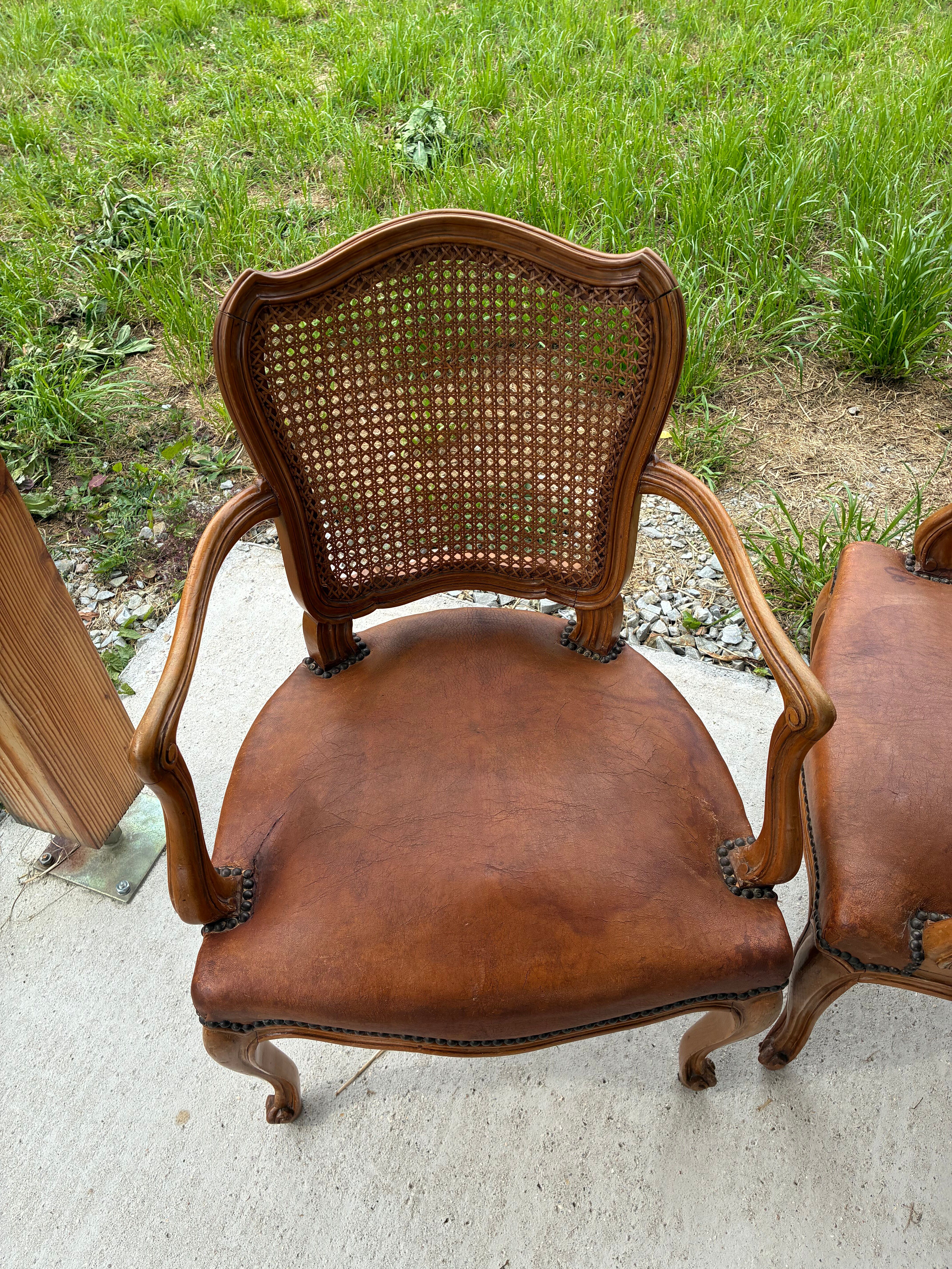 Cane and leather armchair in Louis XV style