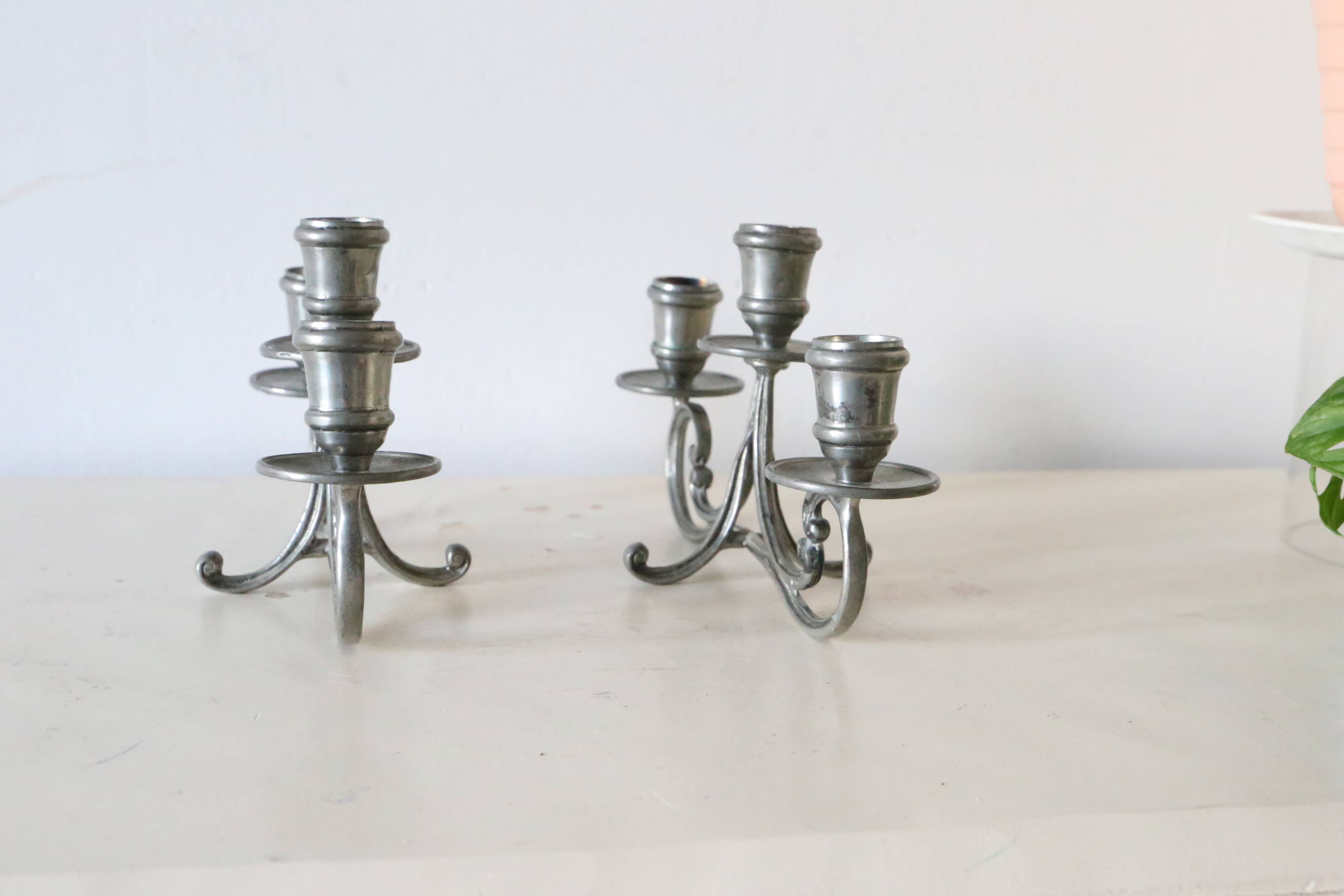 Duo of tin candlesticks, 3 lights, Gothic motifs, vintage