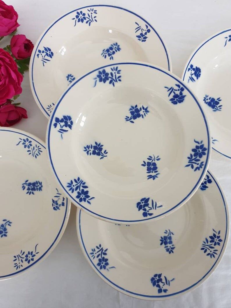 5 assiettes creuses anciennes modèle floral de la manufacture française de Badonviller