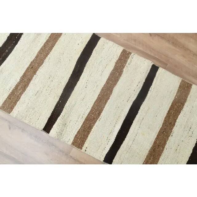 1970s Vintage Turkish Handmade Wool Cotton Beige Kilim Rug 73x345