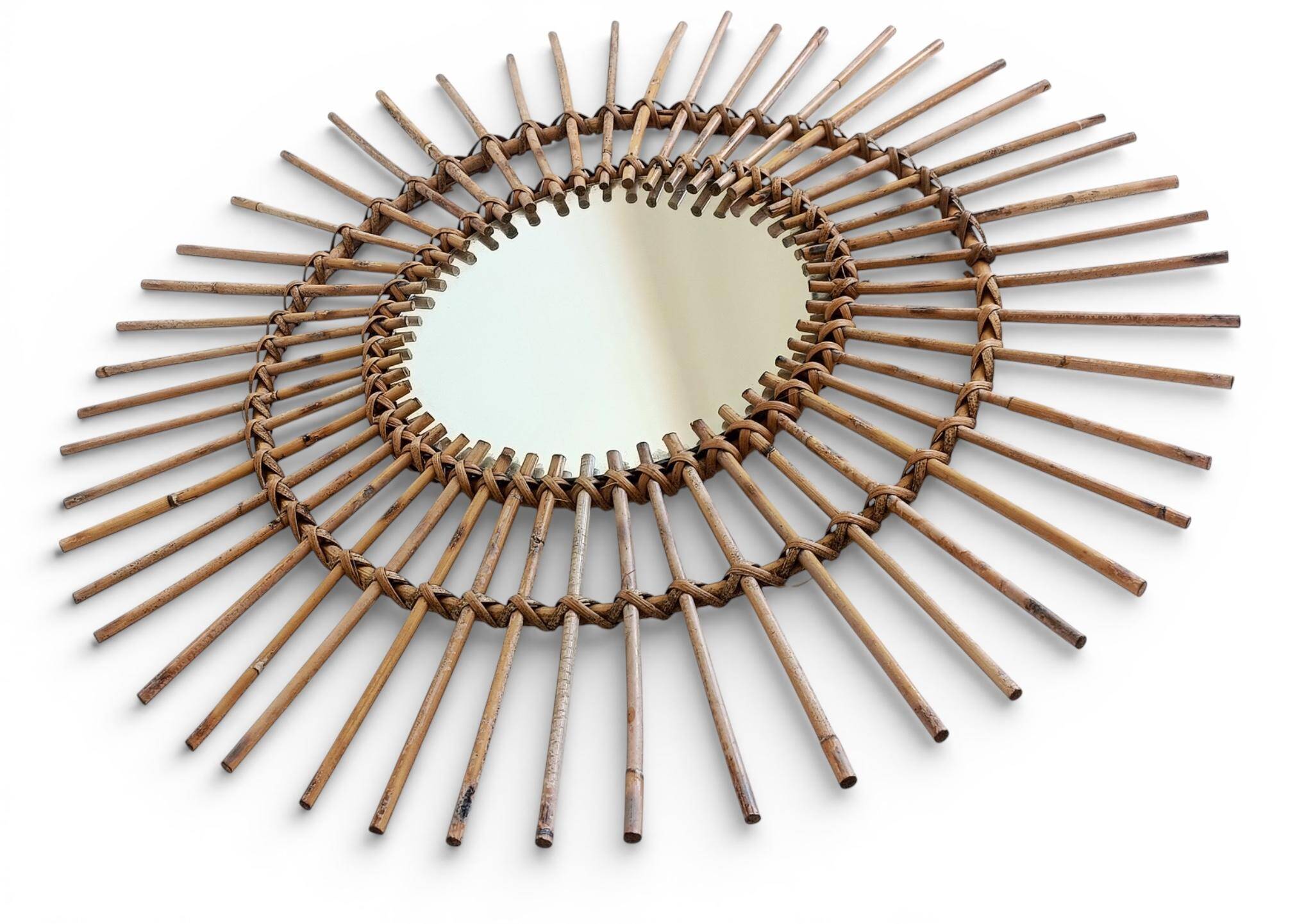 Mid Century Organic Modern Bamboo & Rattan Sunburst Patinated Mirror, 1960s
