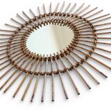 Mid Century Organic Modern Bamboo & Rattan Sunburst Patinated Mirror, 1960s