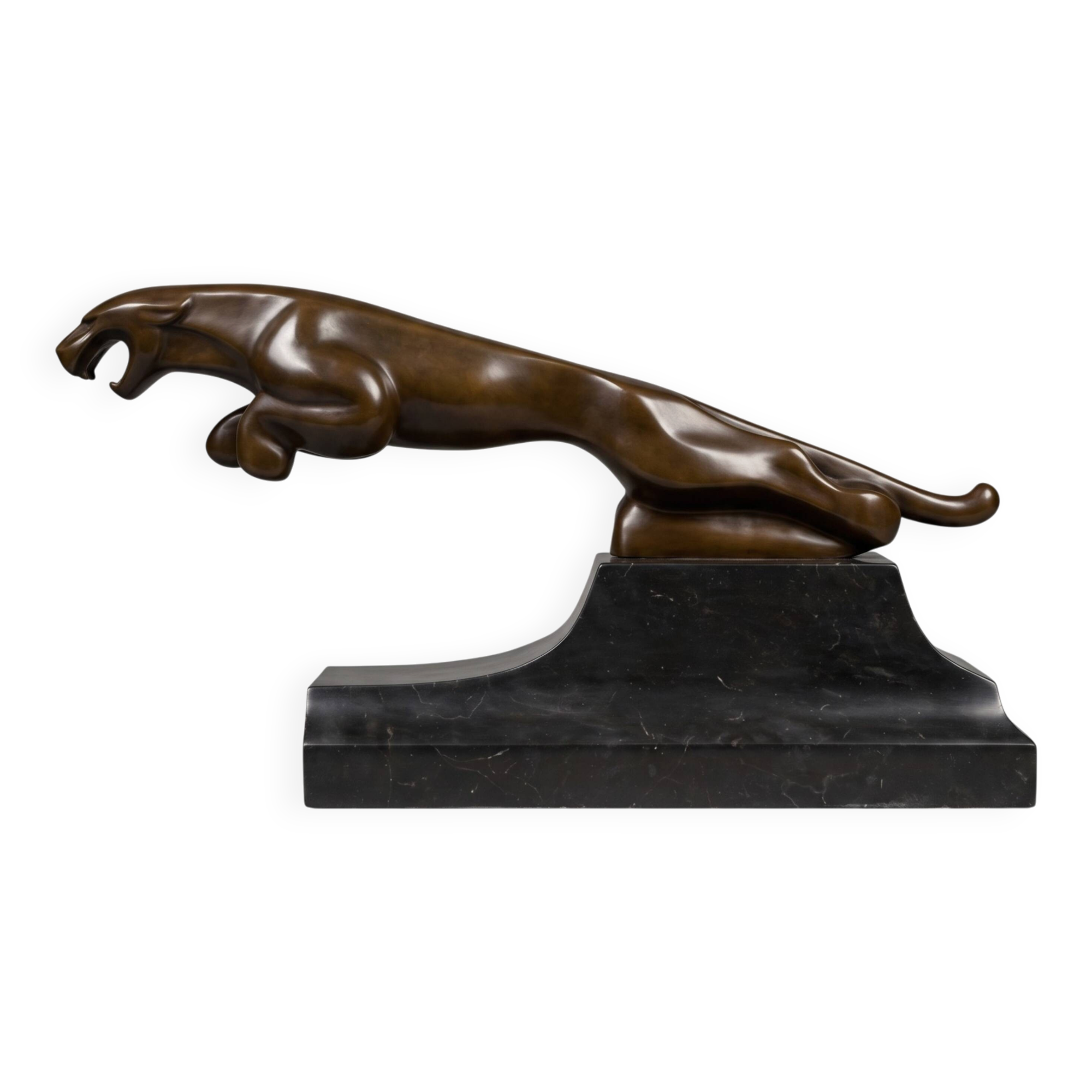 Large Art Deco bronze patinated Jaguar sculpture on an architectural base.