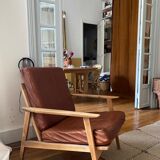 Wood and scandinavian leather armchair
