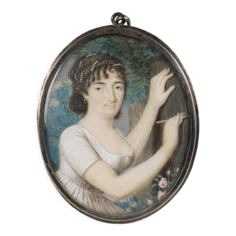 Miniature début XIXe Femme en costume Cadre cercle en argent