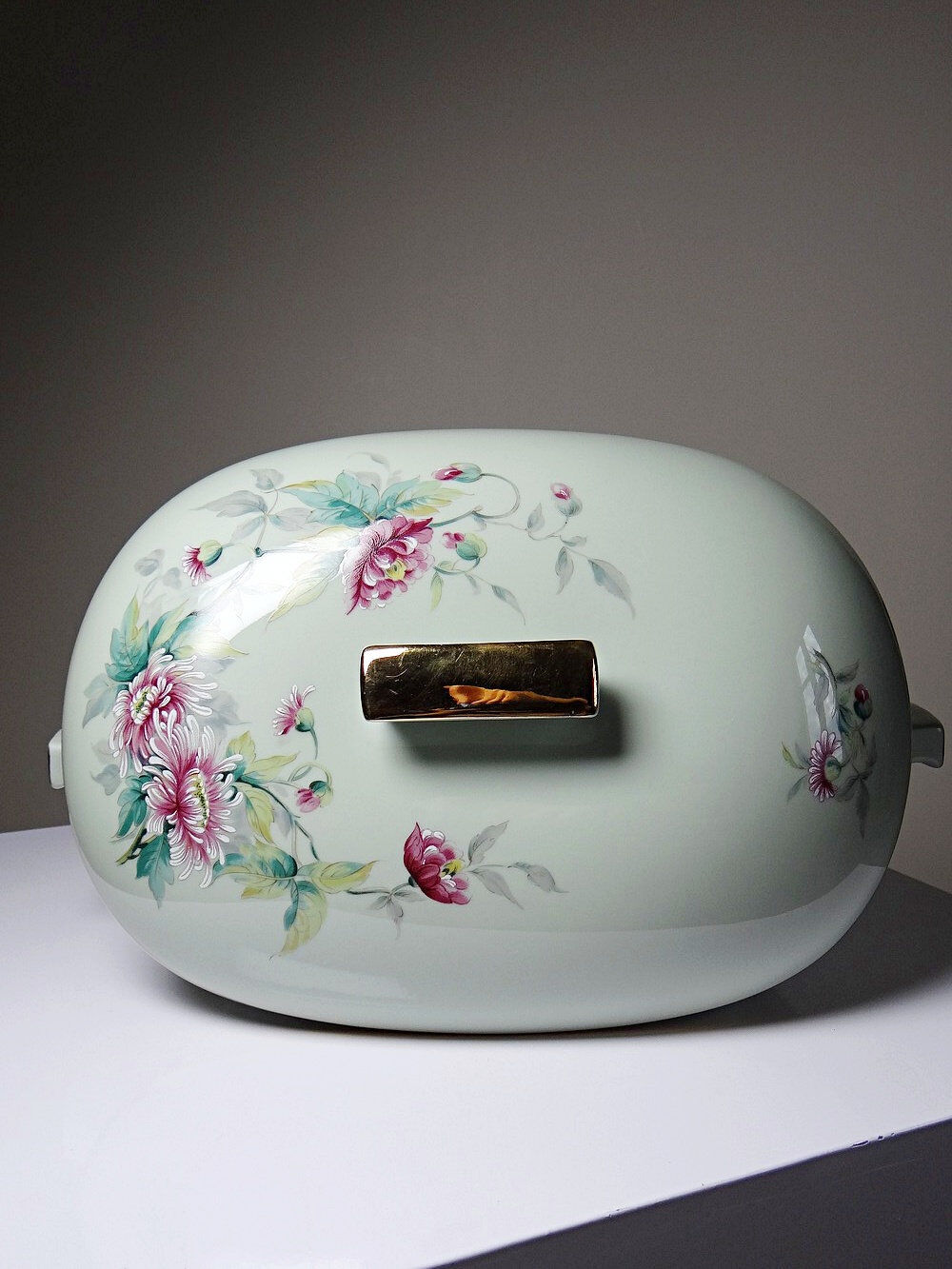 Art Deco style soup tureen with floral decoration, vintage celadon porcelain from Limoges, France.