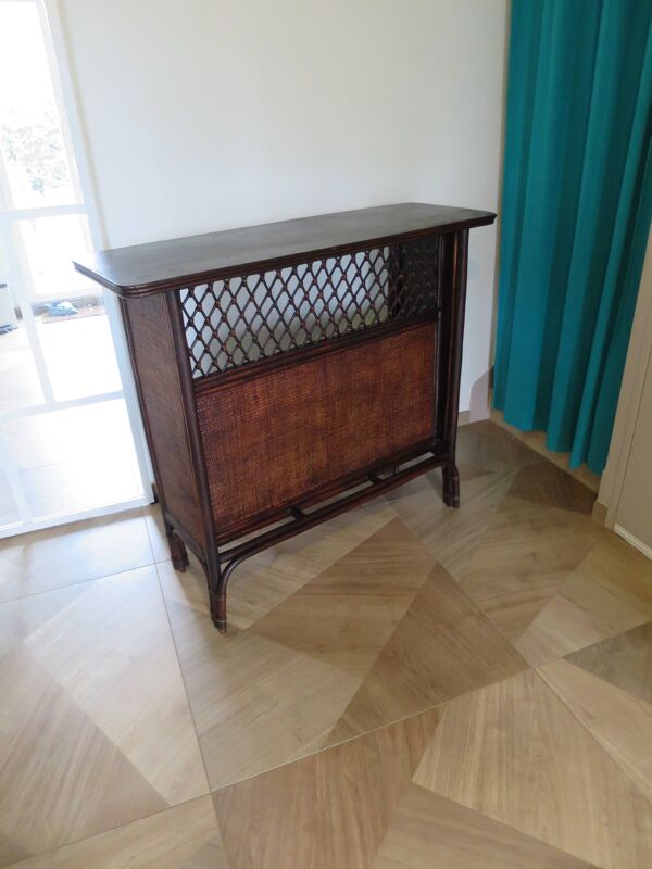 Rare vintage meuble de bar étagère bois rotin tressé années 80 rétro