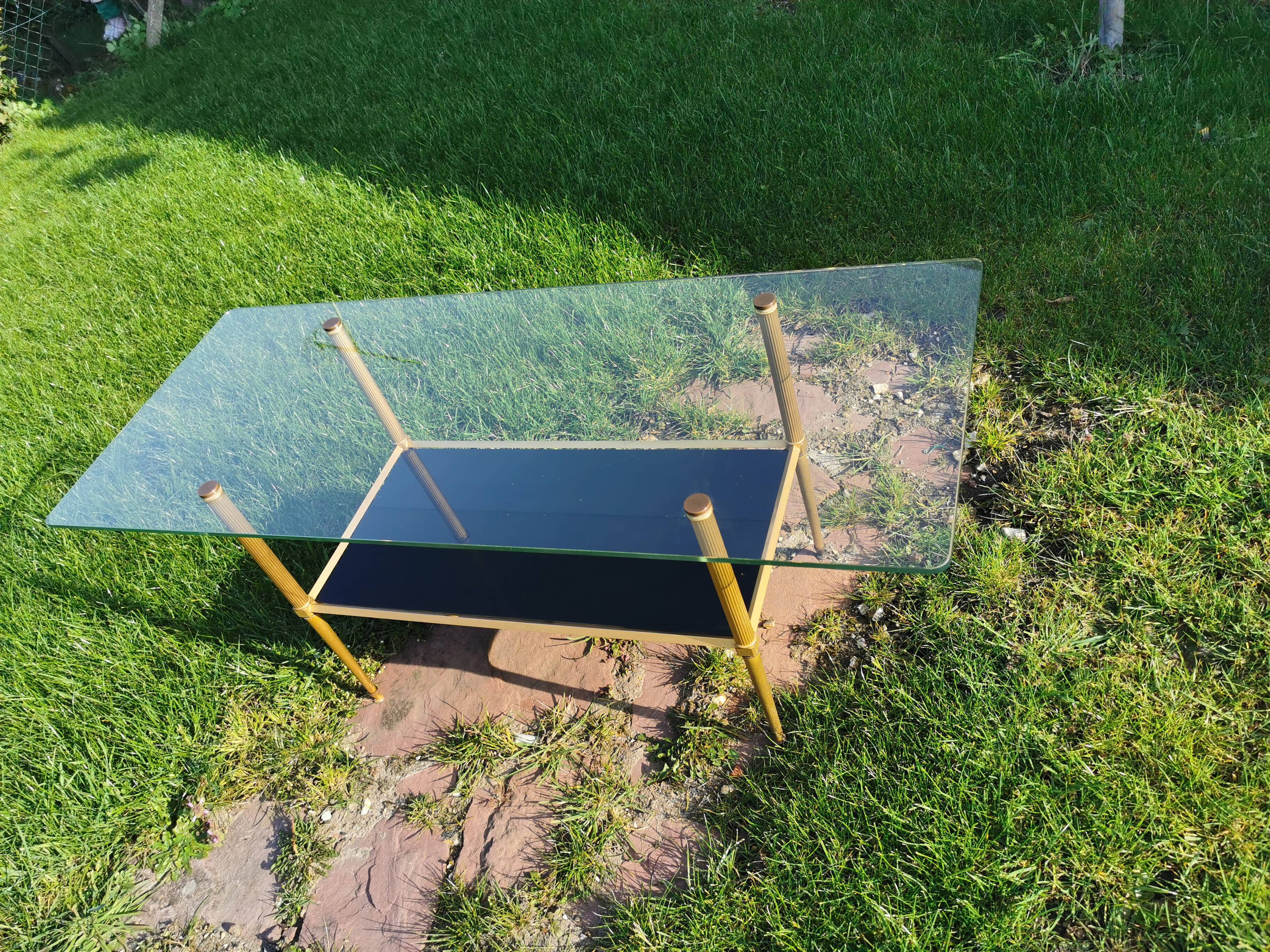 vintage coffee table, brass frame, glass and mirror tray, 50/60'S, 15 photos