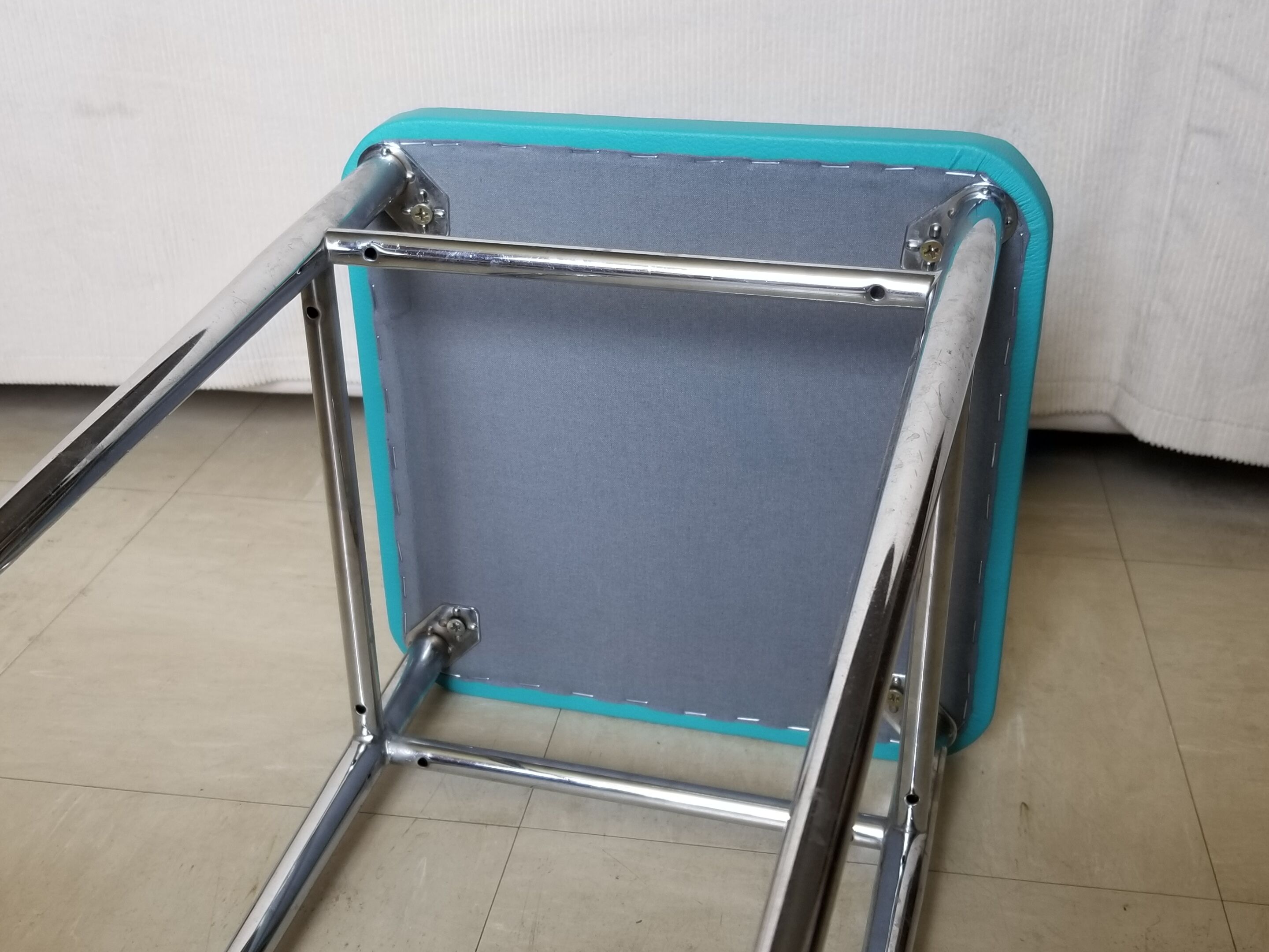 Vintage chromed stool in turquoise blue skai