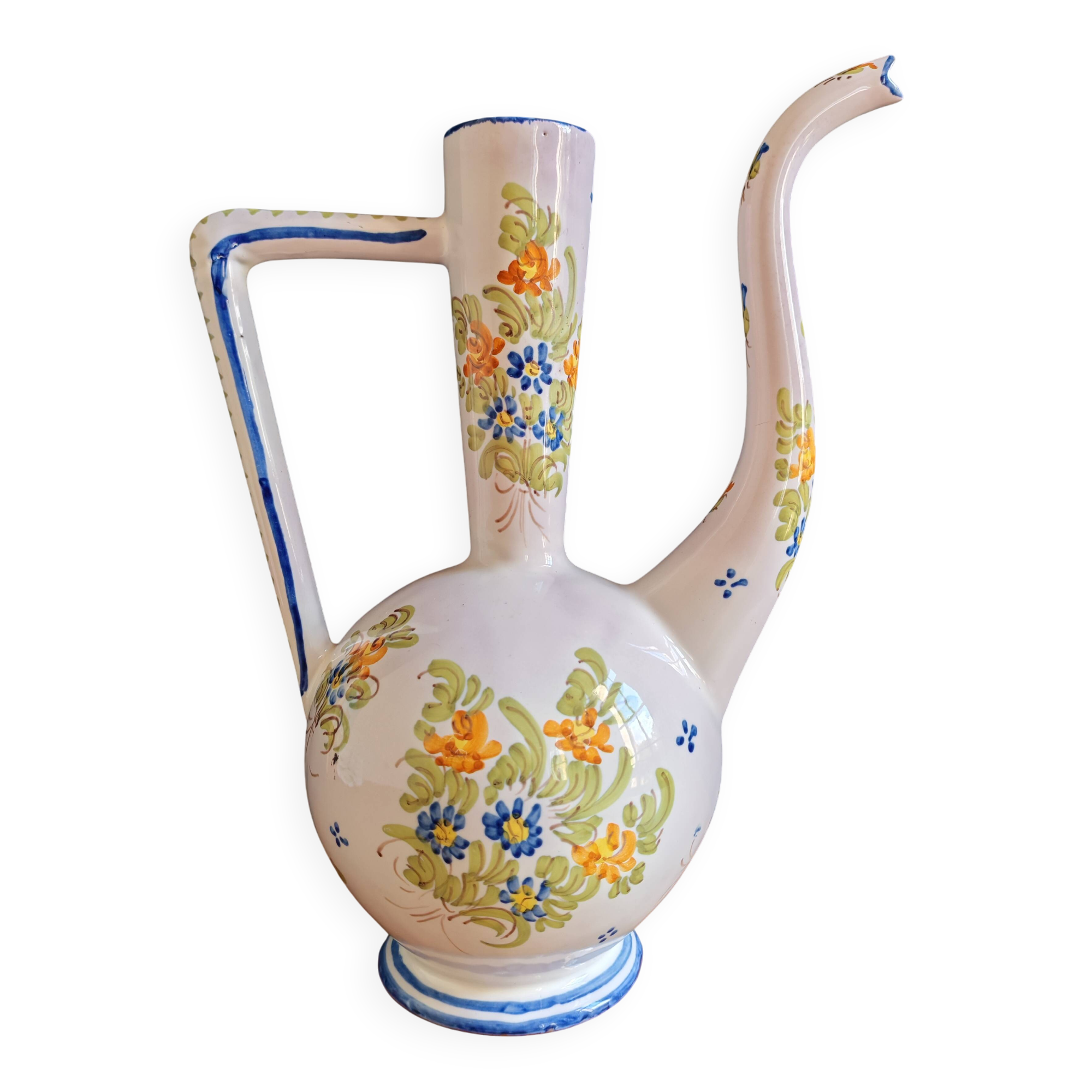 Vintage Glazed Earthenware Ewer/Pitcher – Hand-Painted Floral Decoration