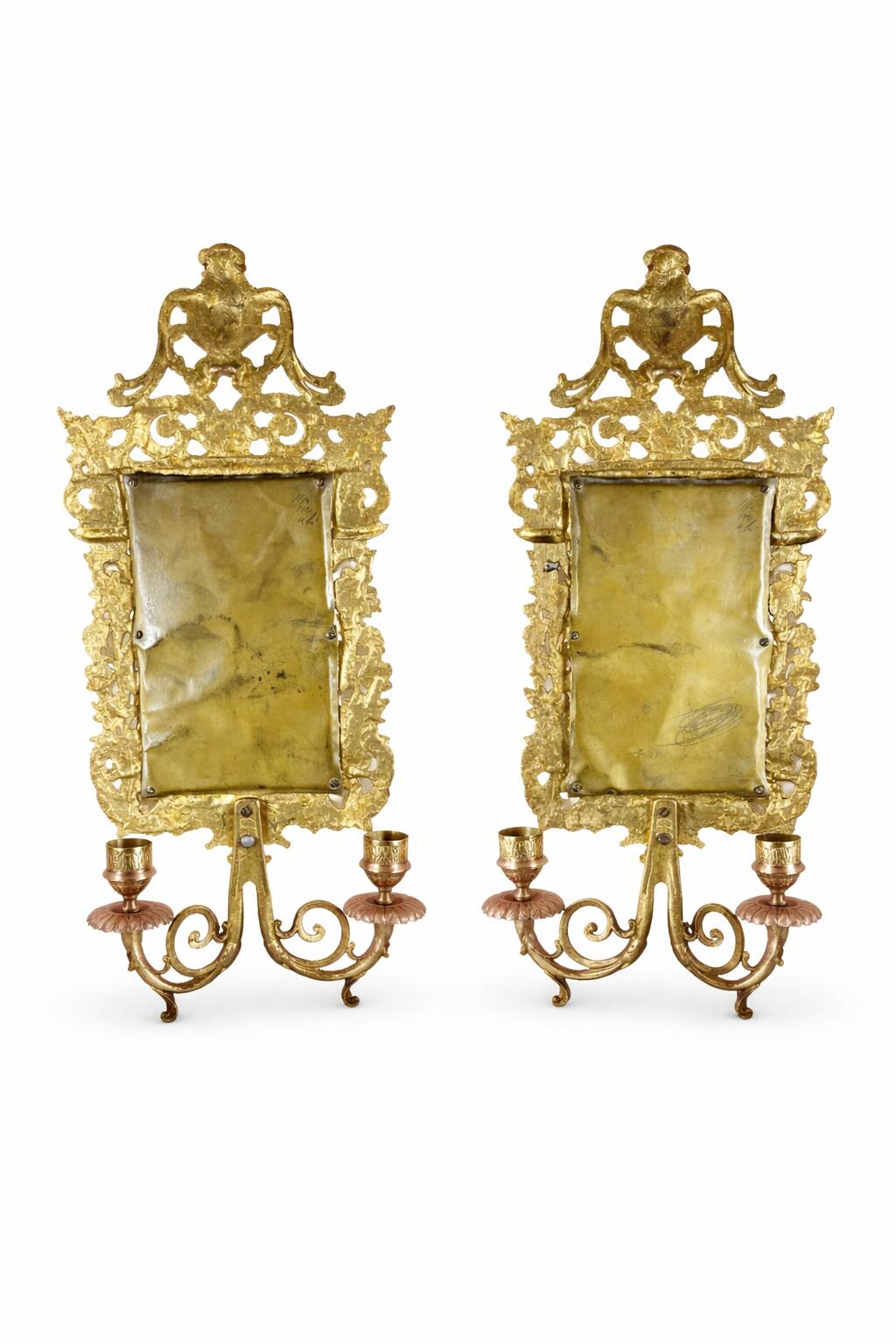 Pair of Napoleon III wall sconces in gilded bronze, with bevelled mirrors.