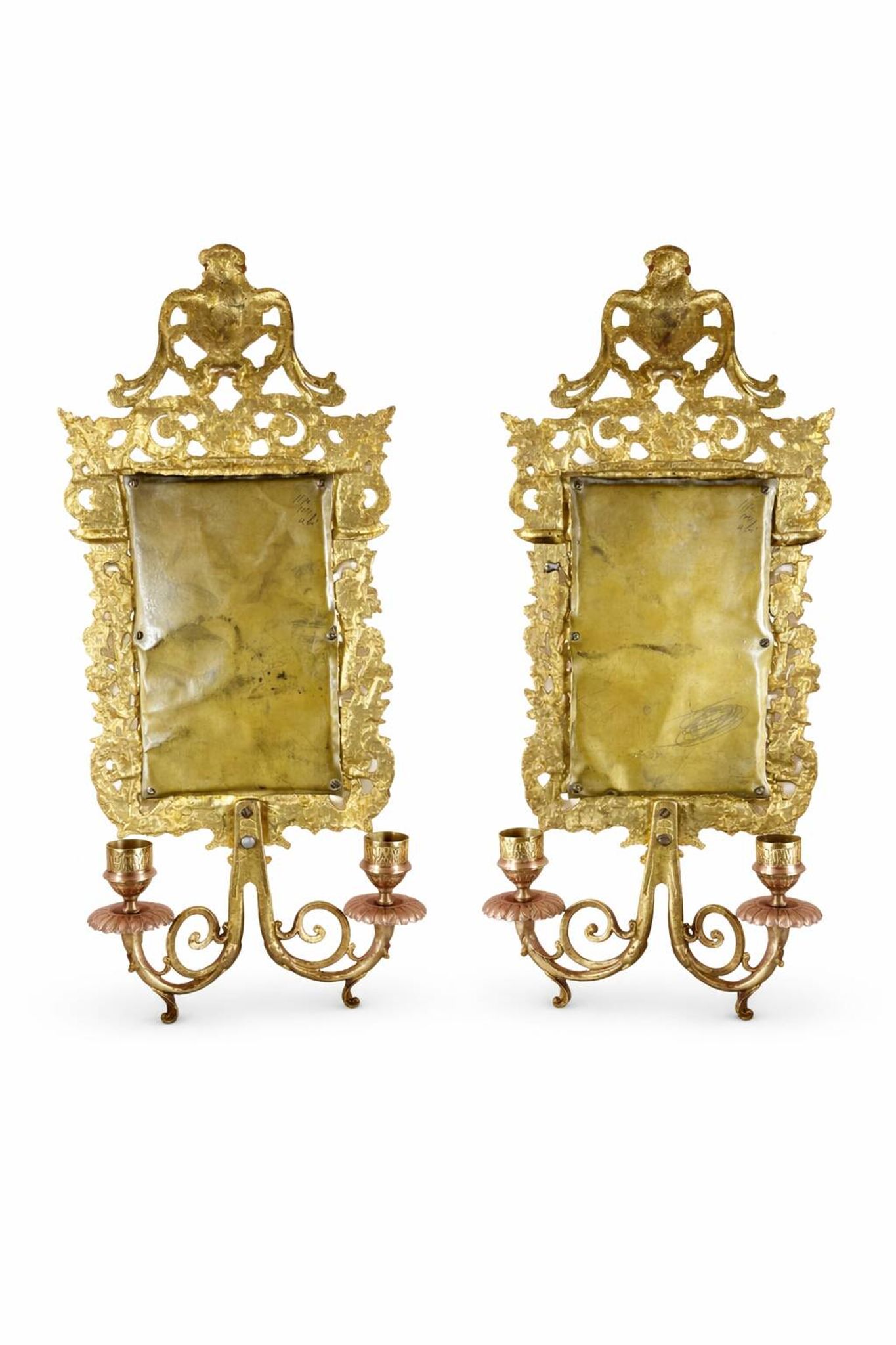 Pair of Napoleon III wall sconces in gilded bronze, with bevelled mirrors.