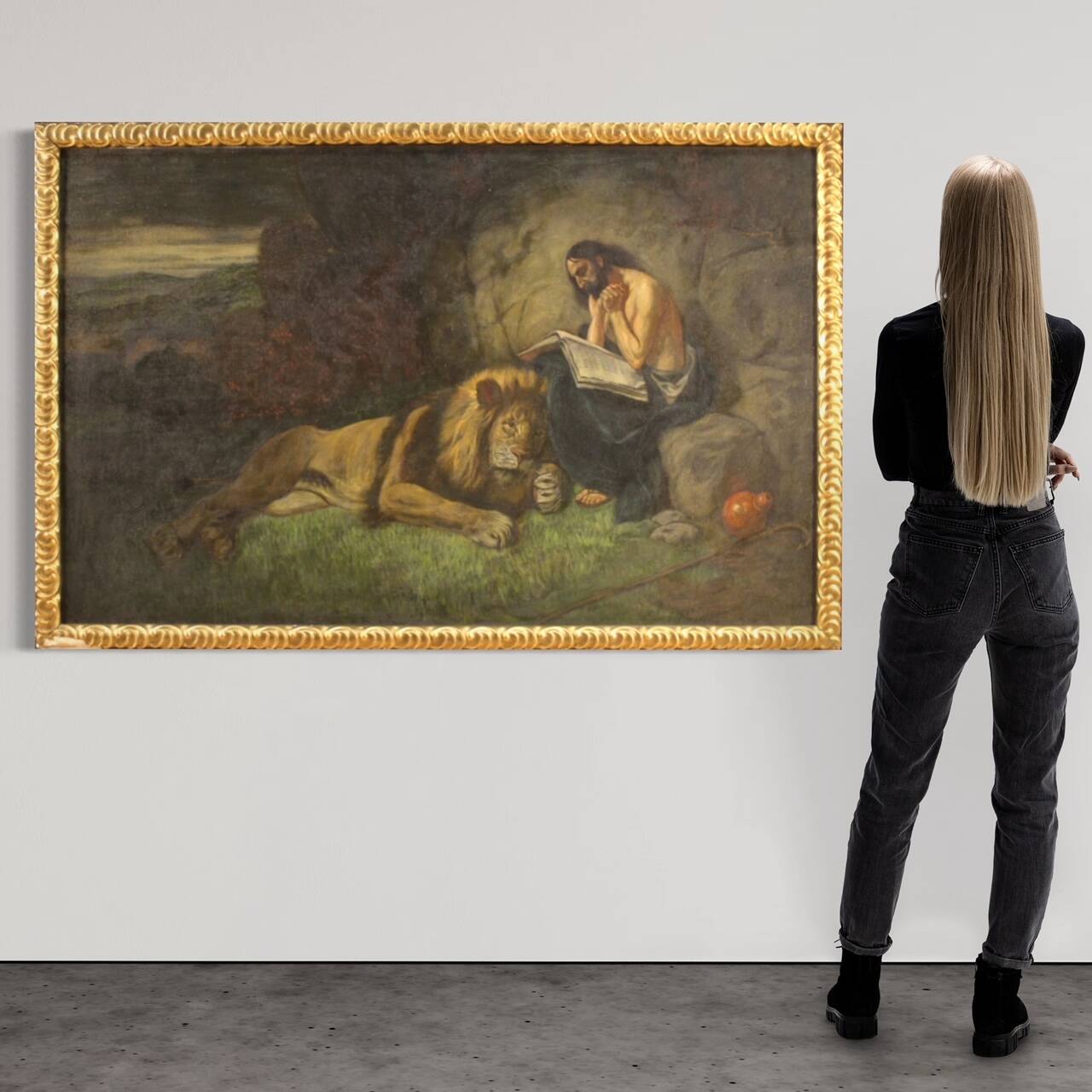 Tableau religieux italien représentant saint Jérôme avec un lion, datant du XXe siècle.