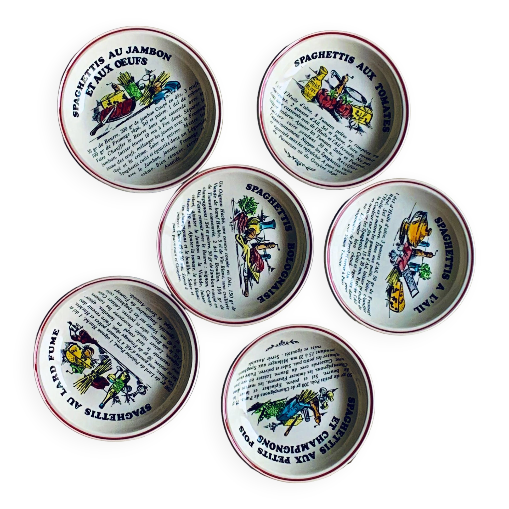 SIX vintage Gien spaghetti plates - Cordon Rouge Series