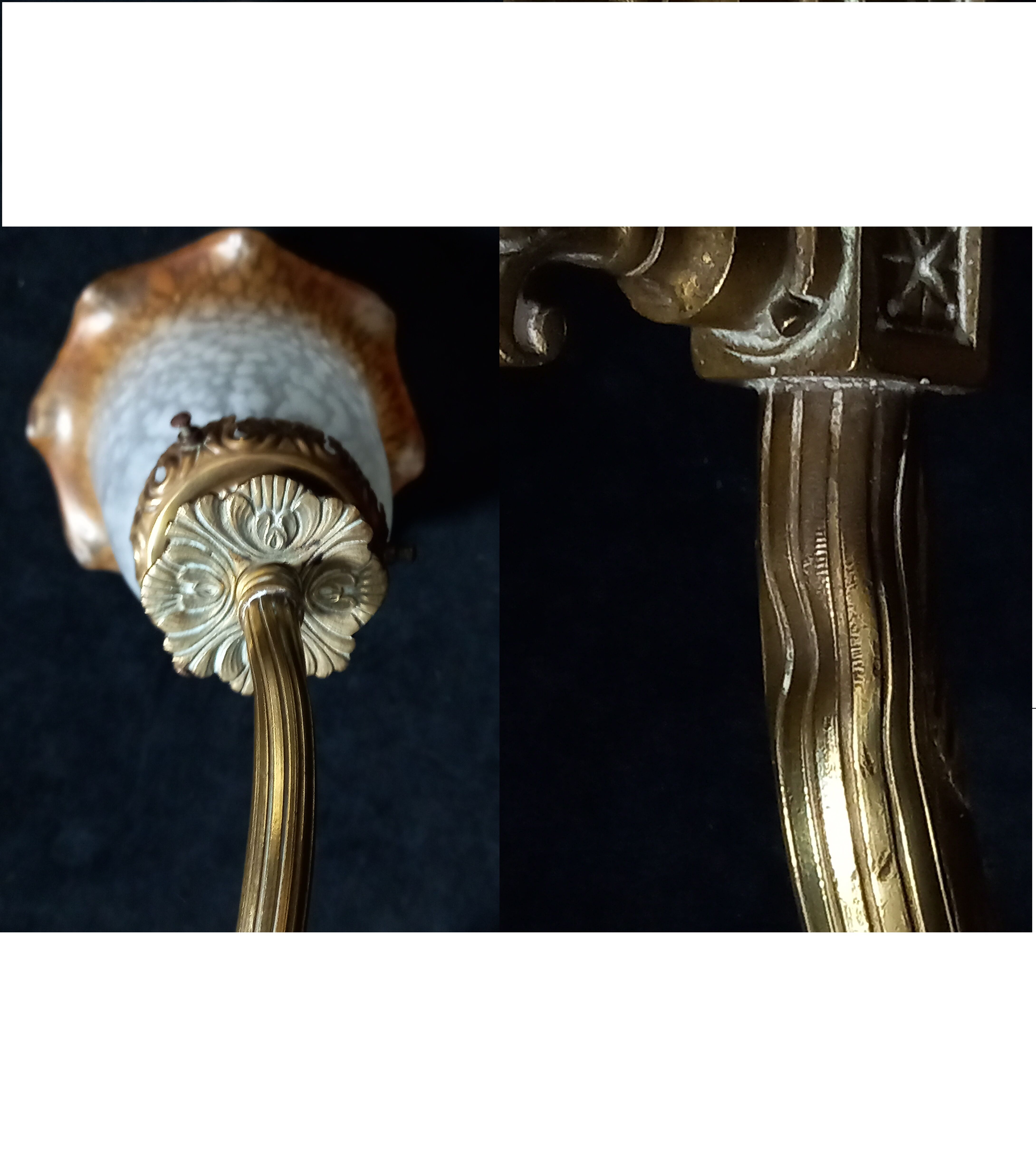 Brass wall lamp with speckled glass tulip