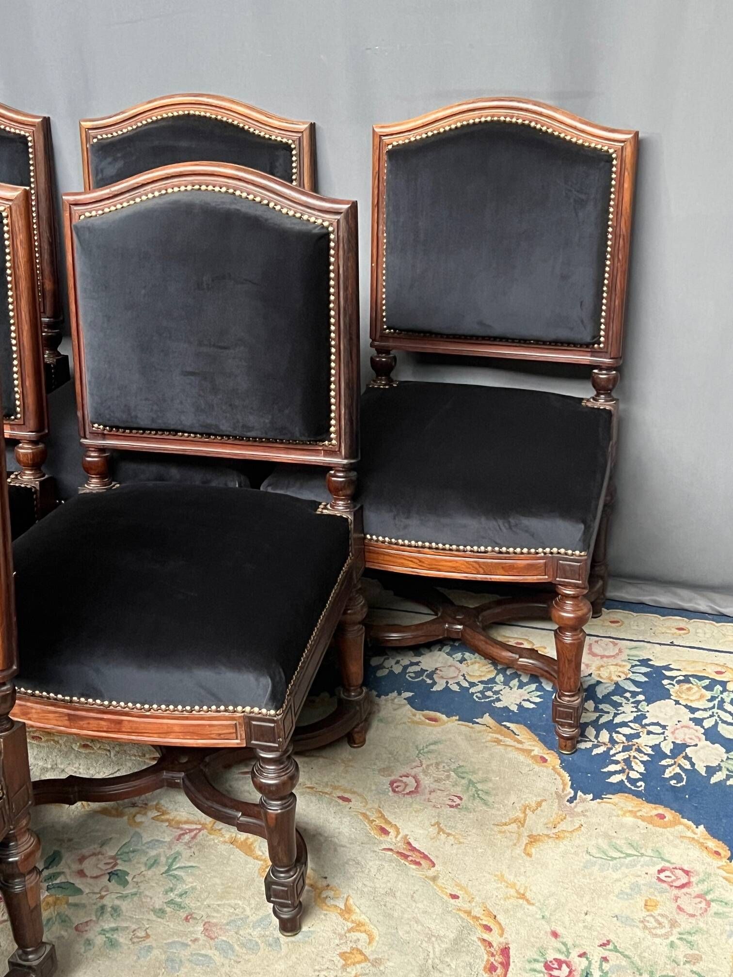 Antique Louis XVI style chairs. Set of 6. Solid rosewood. New upholstery.