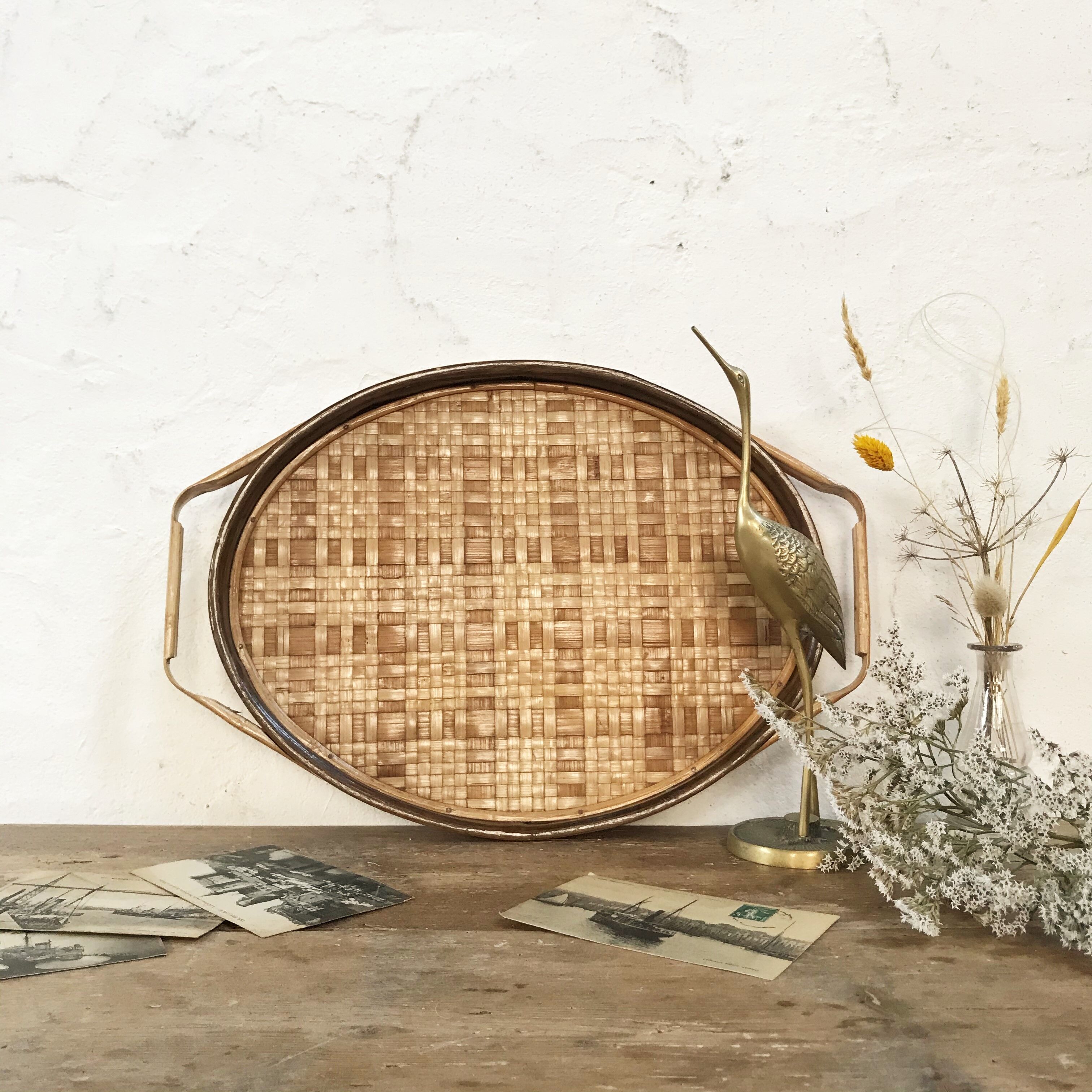 Oval rattan tray from the 70s