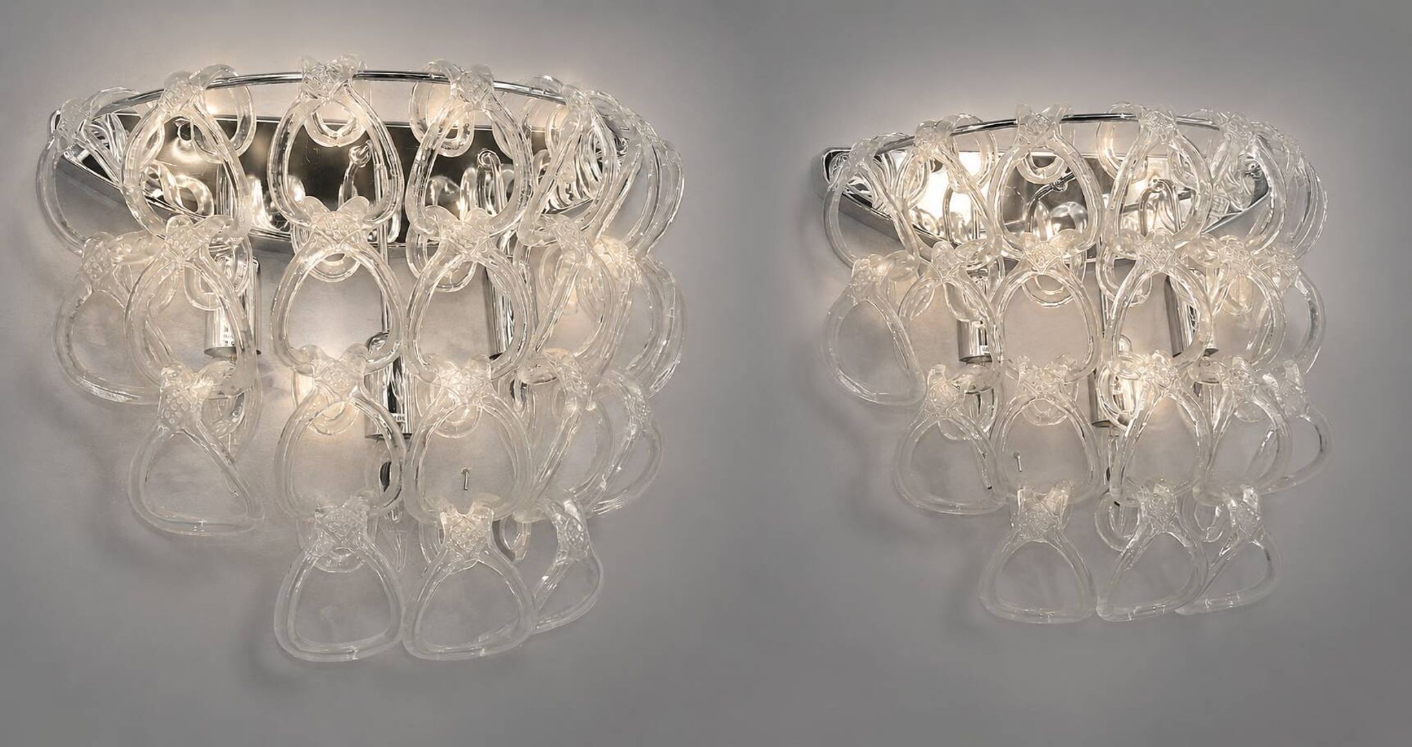 Pair of Art Deco Half-Moon Wall Lights/Hot Water Bottles in Glass & Metal Links