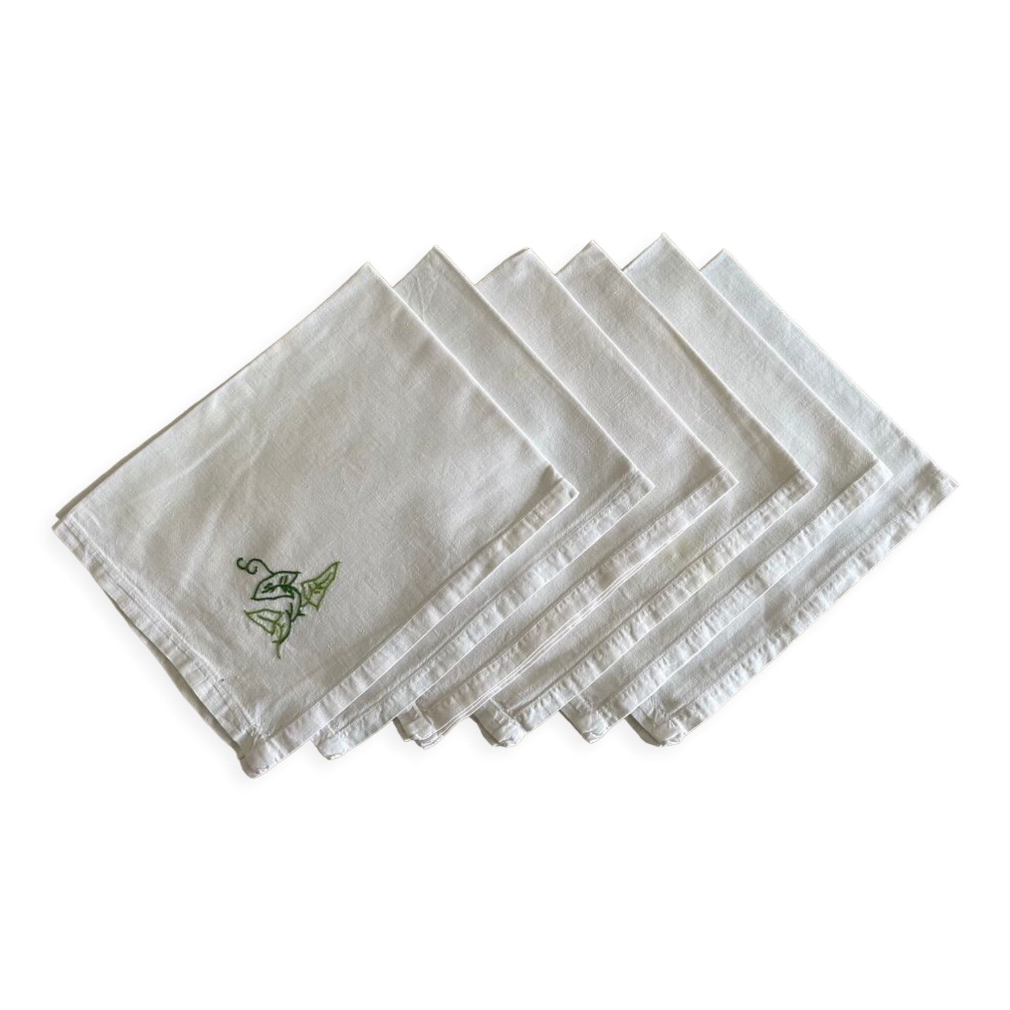 Ensemble de 6 serviettes anciennes brodées "les feuilles" blanc - coton - 42X52 cm
