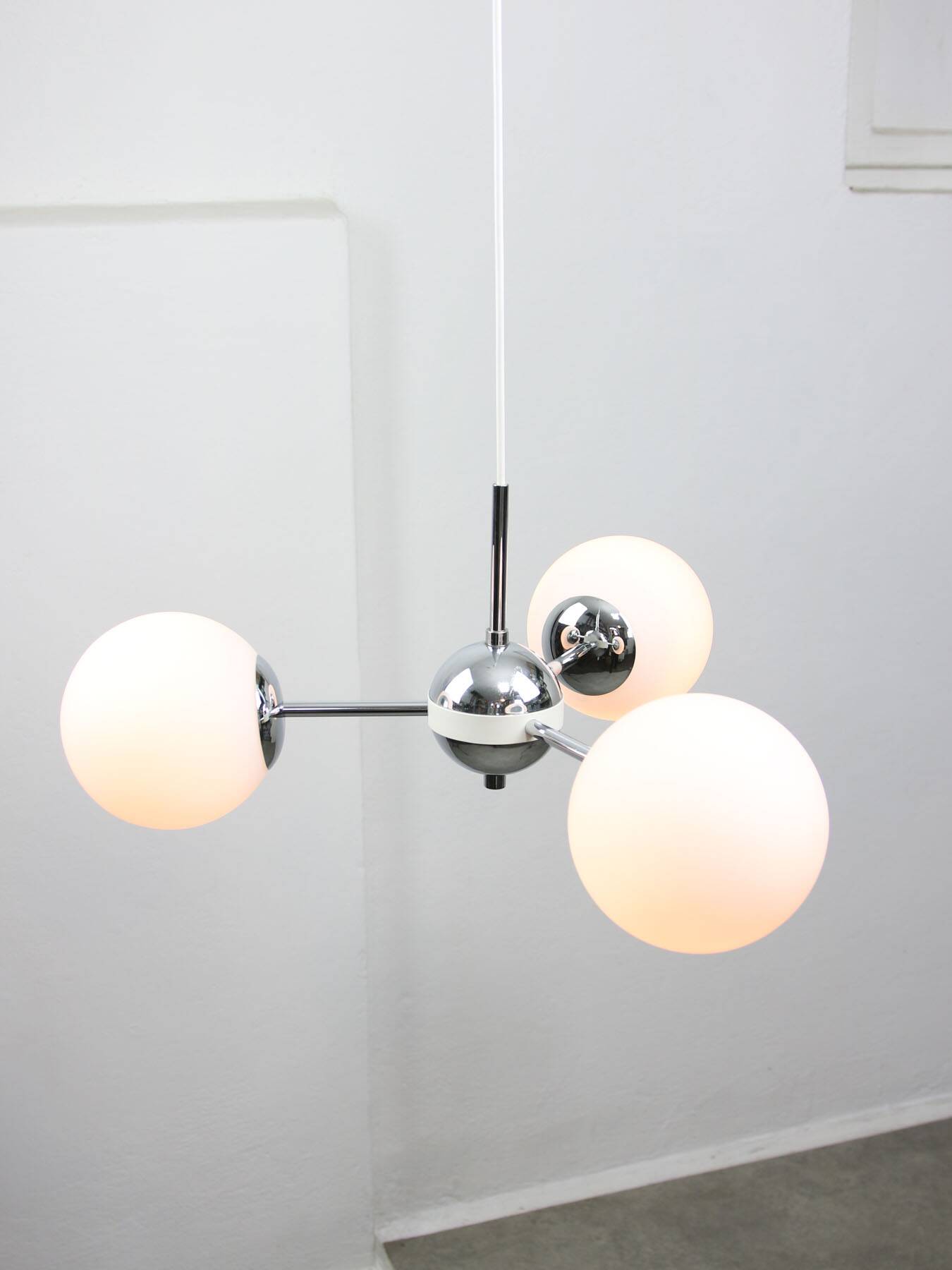 Vintage Italian Chrome and Opaline Sputnik Chandelier, 70s