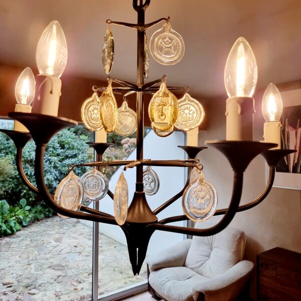 Lustre scandinave en métal laqué et verre par Erik Höglund et Boda Glasburk, pour Holm Soresen
